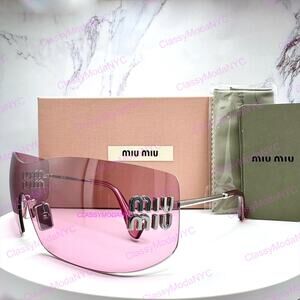 New MIU MIU Sunglasses Aube Silver Pink Mirror Rimless Wrap Authentic Womens